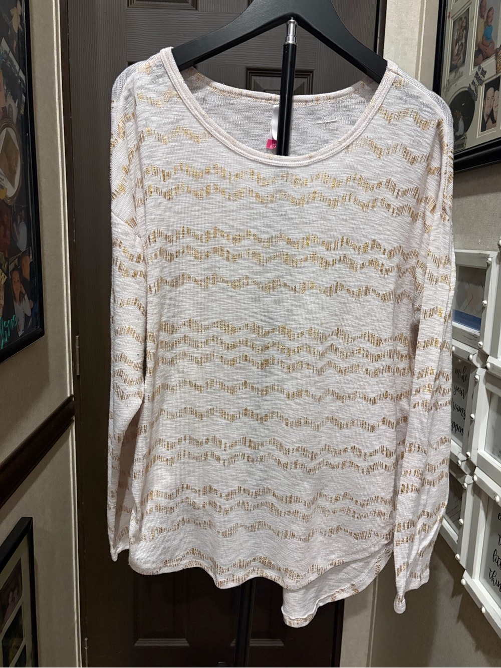 No Boundaries White Long-Sleeve Top with Gold Zigzag Accent